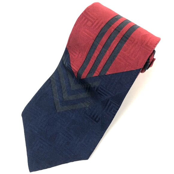 Bugatti Tie 100% Italian Silk Red Navy Geometric Color Block Art Deco - Picture 1 of 8